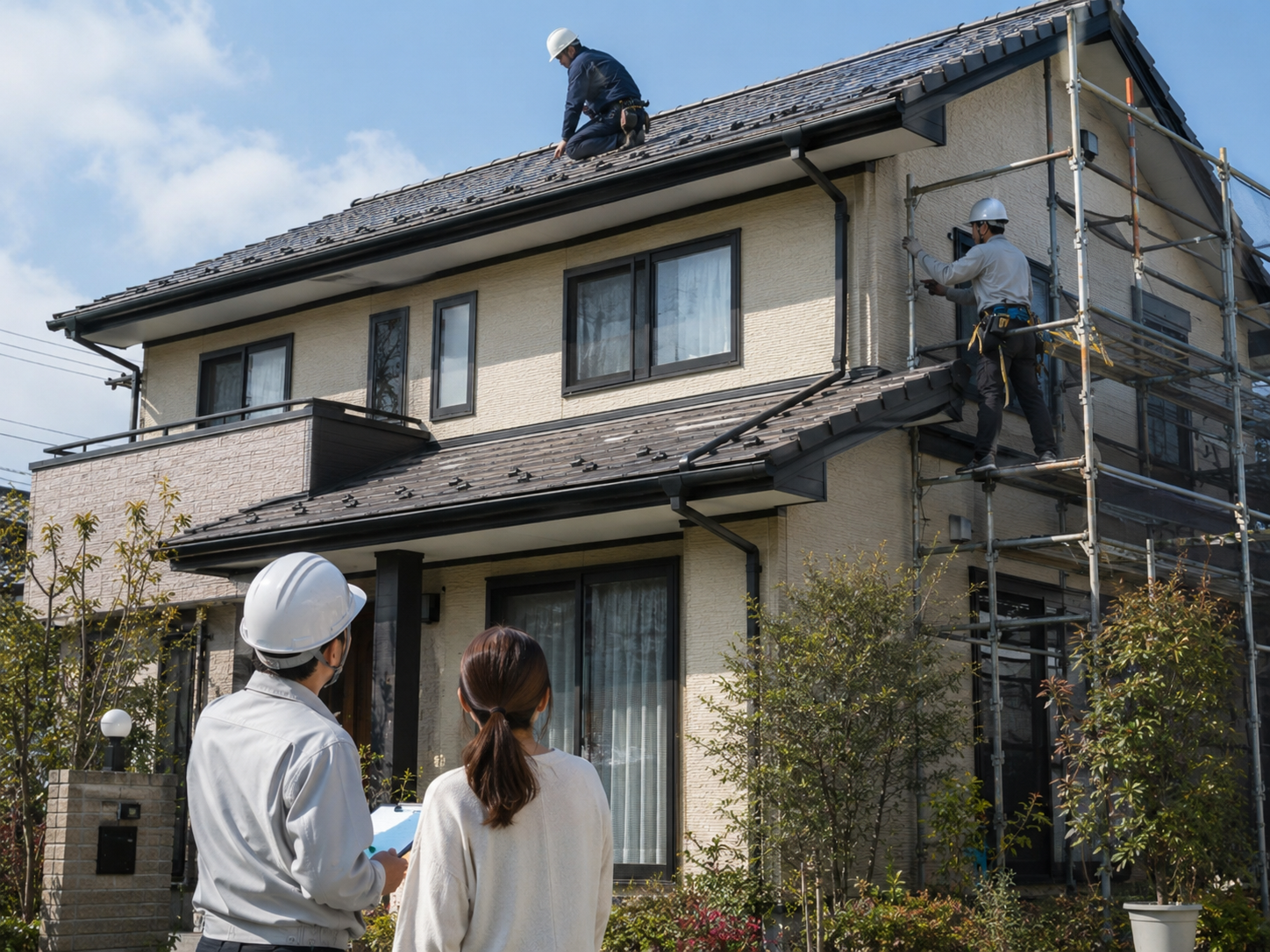 足場を組んだ住宅で屋根と外壁を確認する職人とお客様